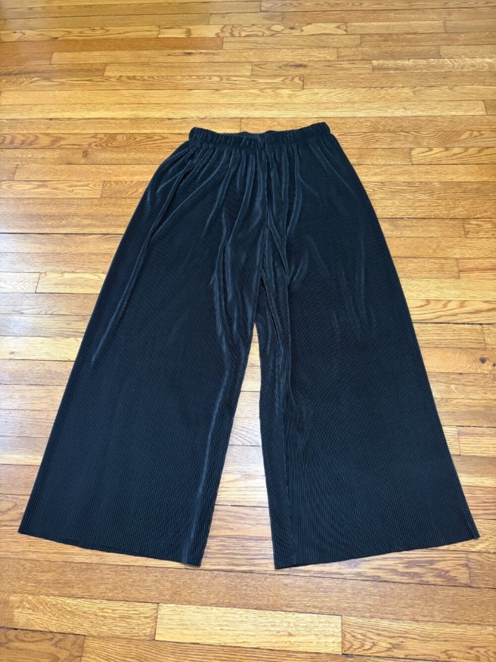 Vintage Express Womens Wide Leg Pull on Pants Sz Large Black Ribbed Knit Elastic